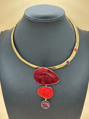 Signed Cécile & Jeanne Paris 24K Gold Plated Red Resin Torque Statement Necklace